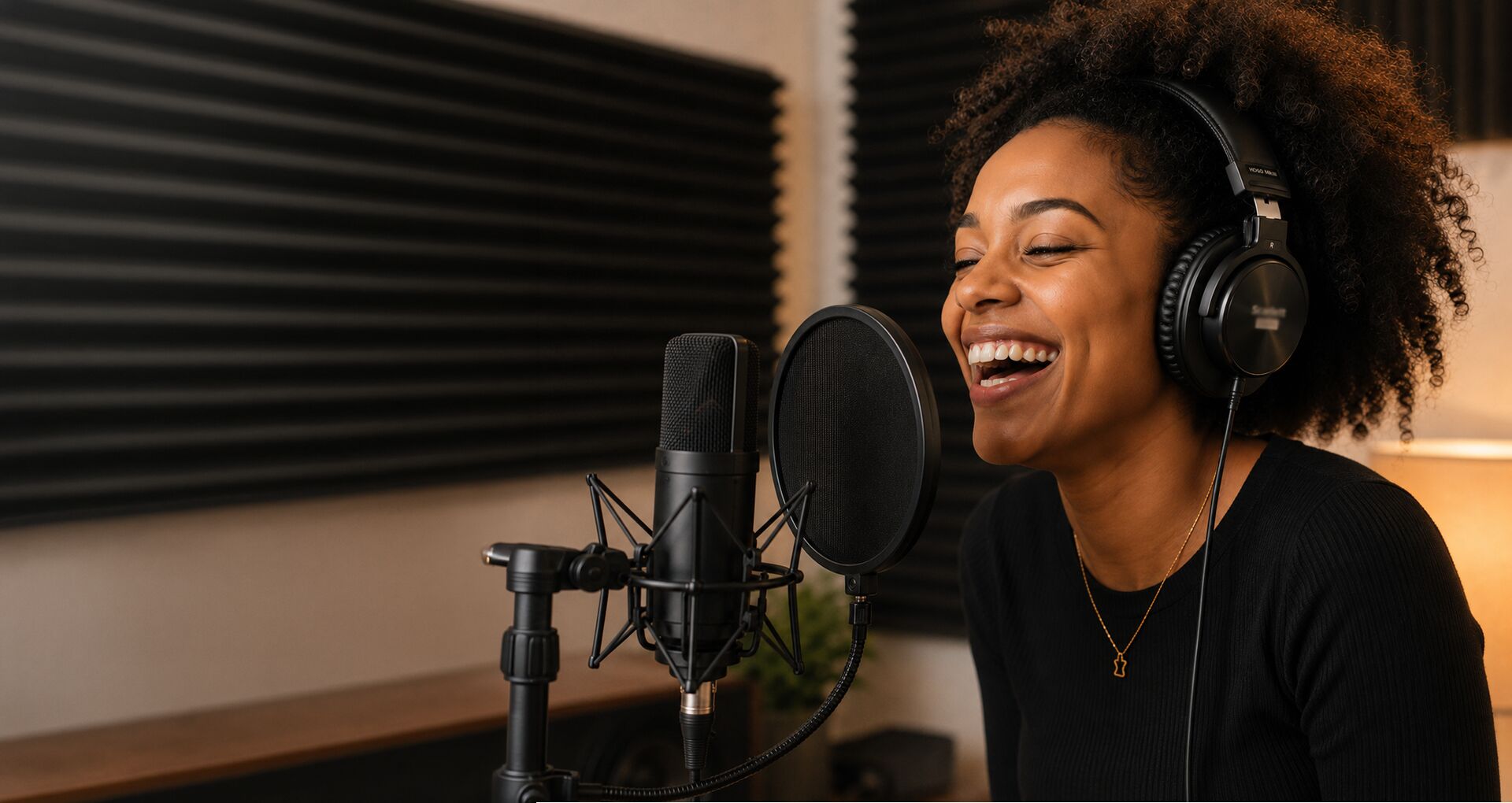 A narrator recording into a studio microphone, smiling